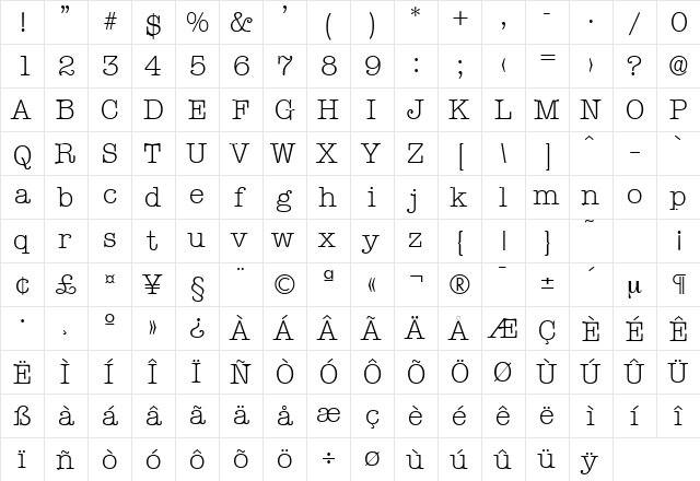 Typewriter-Serial-Light Regular  glyph index