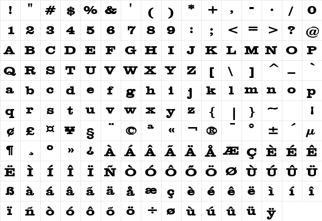 Clare Wide Bold  glyph index