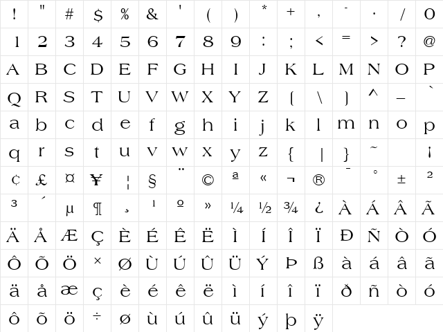 Heritage Regular  glyph index