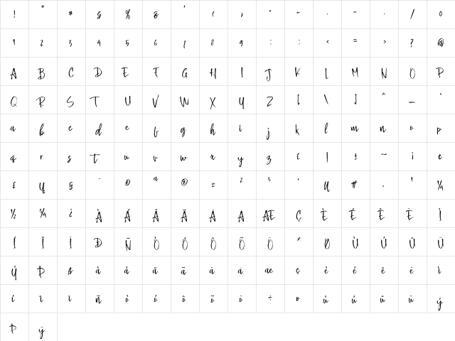 Buttle Regular  glyph index