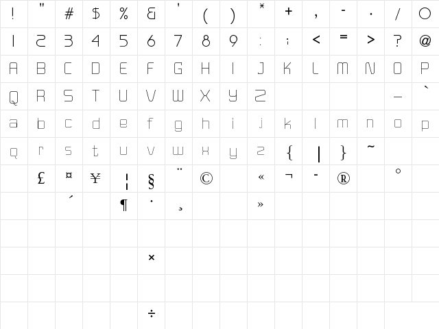 Versaniah_Light Regular  glyph index