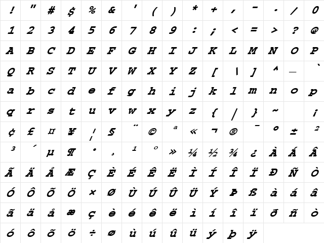 FZ BASIC 54 ITALIC Bold  glyph index