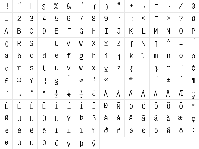 Eingrantch Mono Medium  glyph index