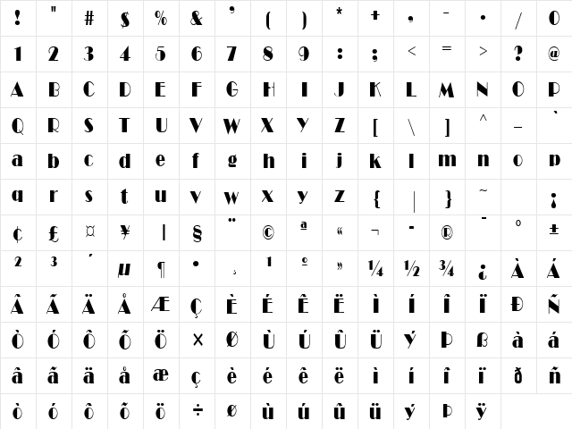 Brando Condensed Normal  glyph index