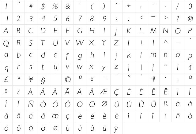 Ichantilly Xlight  glyph index