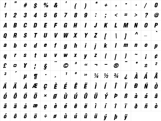 Helvetica-CondensedBlack BlackItalic  glyph index