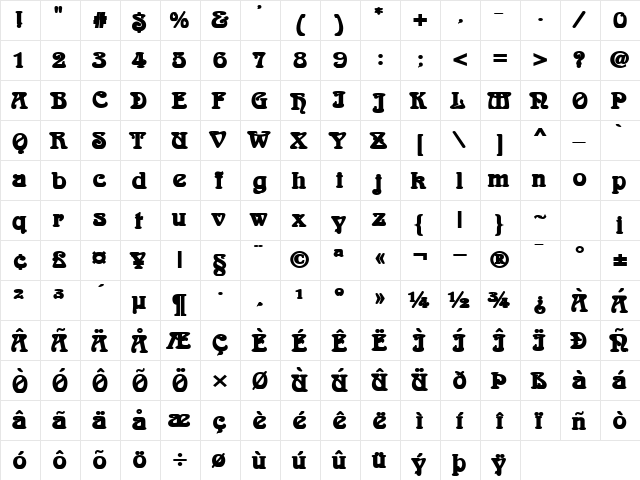 Aidan Bold  glyph index