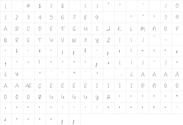 Janesville Script Regular  glyph index