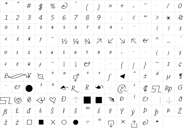 The Serif Extra Light- Regular  glyph index