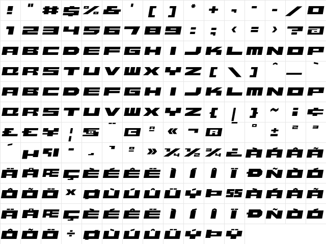 Beekman-SquareItalic Regular  glyph index