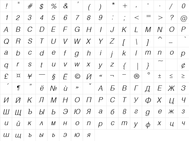 HebarLight Italic  glyph index