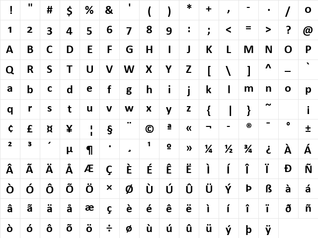 Calibri Bold  glyph index