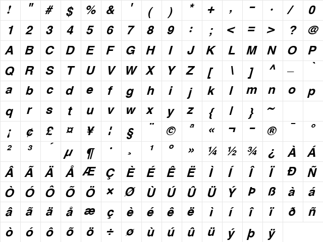 XB Zar Bold Italic  glyph index