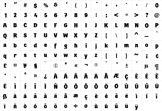 PortobelloExtraBold Roman  glyph index