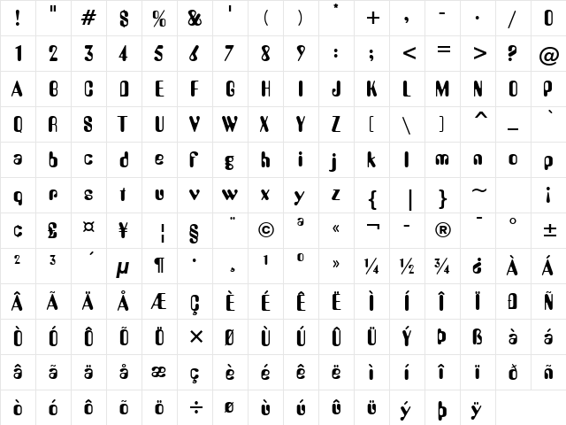 Amelia BT Regular  glyph index