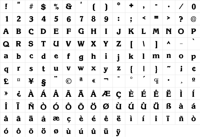 Korixth Bold  glyph index