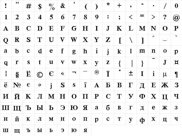 Dutch Bold  glyph index