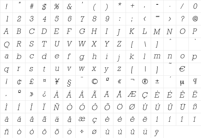 Stafford-XlightIta Regular  glyph index