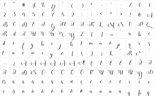 Adyana Regular  glyph index