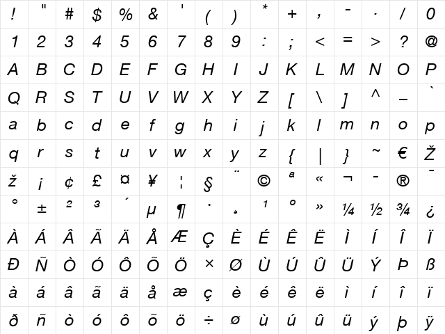 HelveticaNeue LT 55 Roman Italic  glyph index