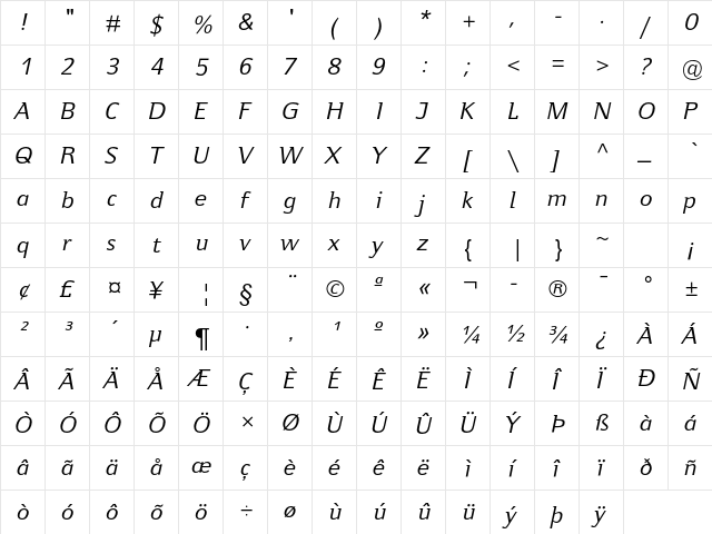 Jeunesse Std Italic  glyph index