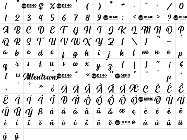 Allentown Regular  glyph index