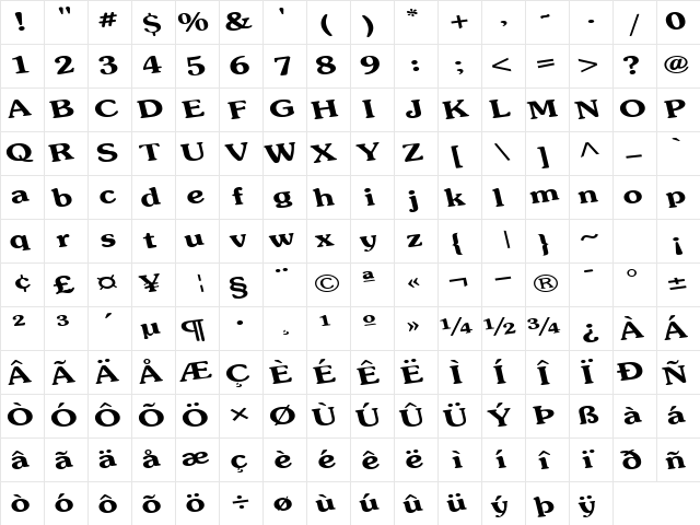 Royal Regular  glyph index