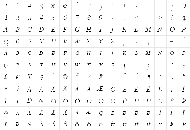 FreightDispLightItalicSC Regular  glyph index