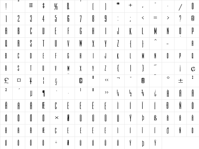 Slim Jim-Extended Bold  glyph index