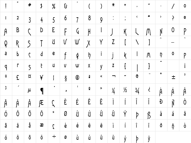 Fletch Thin Bold  glyph index
