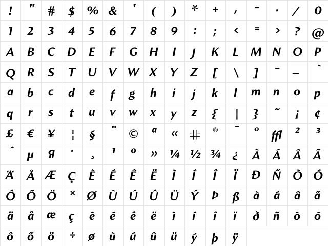 Amira Bold Italic  glyph index