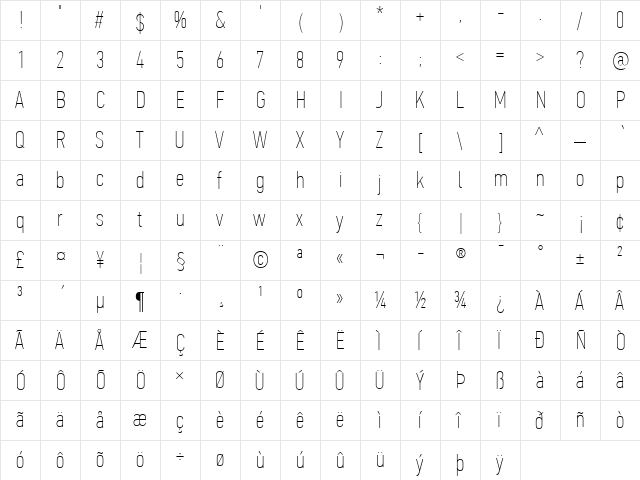 PF Din Text Comp Pro Extra Thin  glyph index