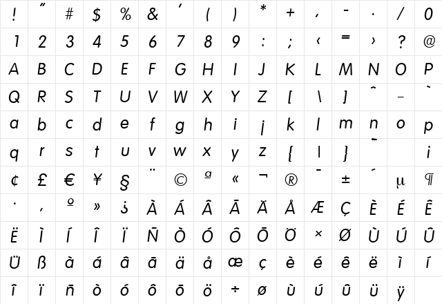 VolkswagenSerial Italic  glyph index