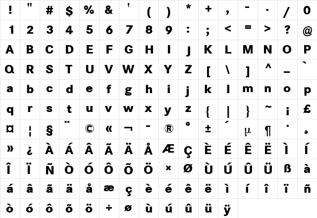 Corporate S BQ Bold  glyph index