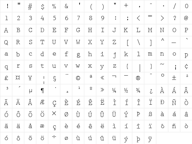 PrestigeElite Roman  glyph index