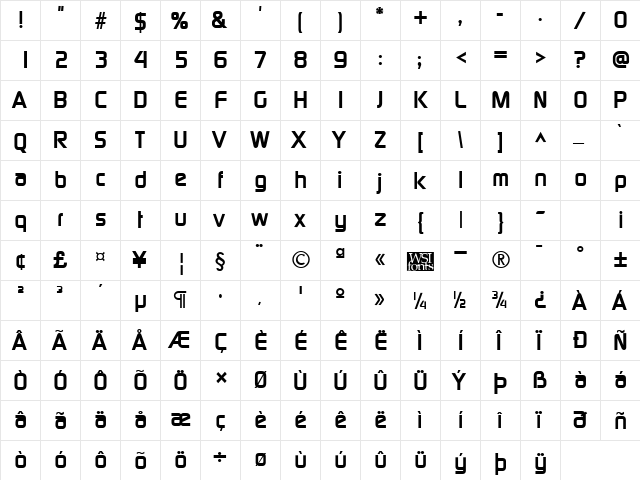 Modaerne Bold  glyph index