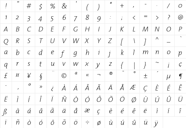 TheMixExtraLight Roman Italic  glyph index
