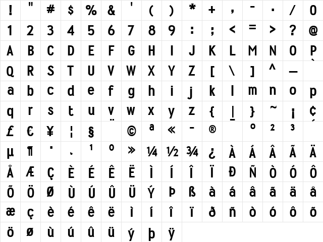 Wyvern Hvy Regular  glyph index