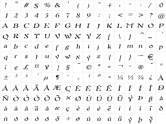 Freedom9Wide Italic  glyph index