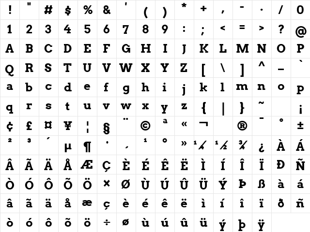 Arvo Bold  glyph index