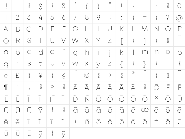 Mont ExtraLight DEMO  glyph index
