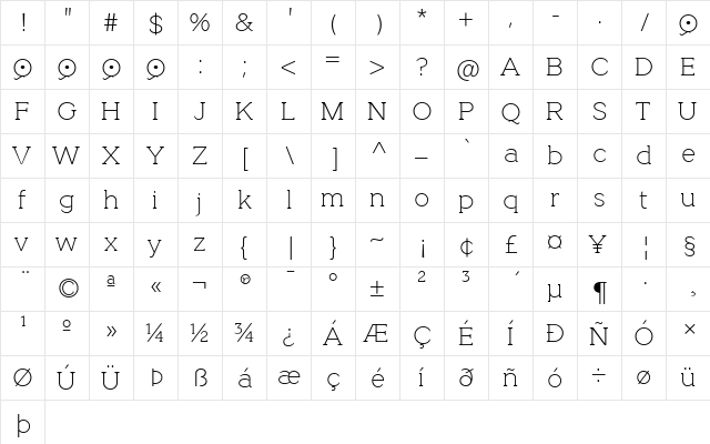 Quotus Thin  glyph index