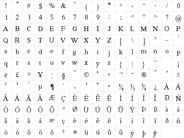 Quivira Regular  glyph index