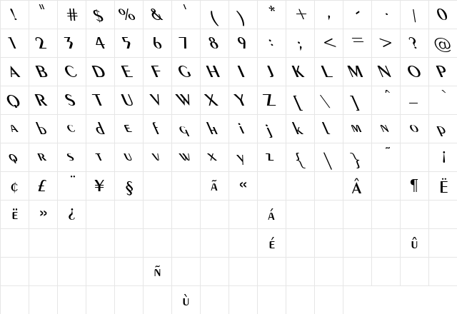 Exotic-Demi Lefty Regular  glyph index