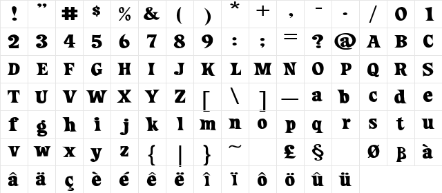 Loose New Roman Wide Regular  glyph index