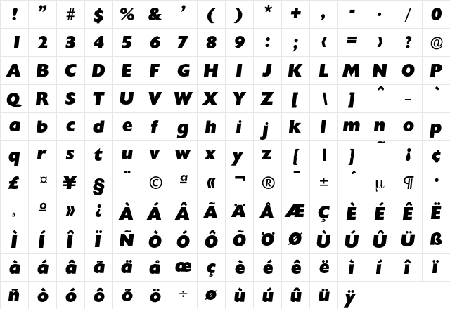 Chantilly-HeavyIta Regular  glyph index