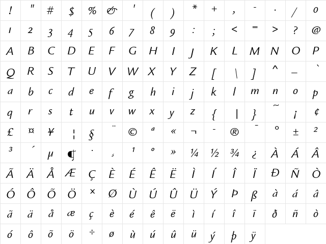 Legacy Sans ITC Book Italic  glyph index