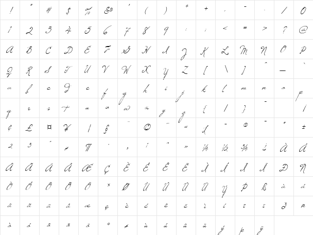 Windsong Regular  glyph index