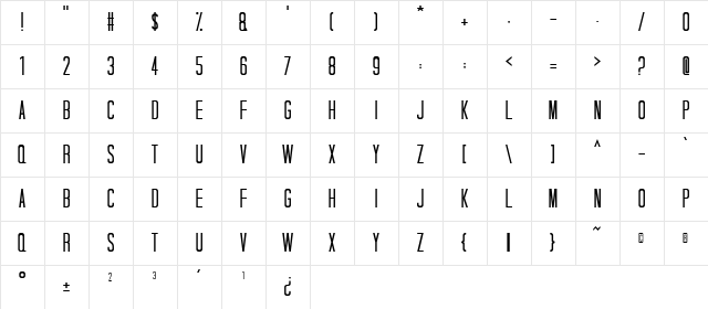 Tall Dark And Handsome Condensed  glyph index