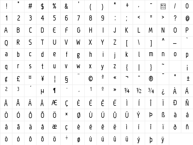 Megi Sans Narrow Regular  glyph index